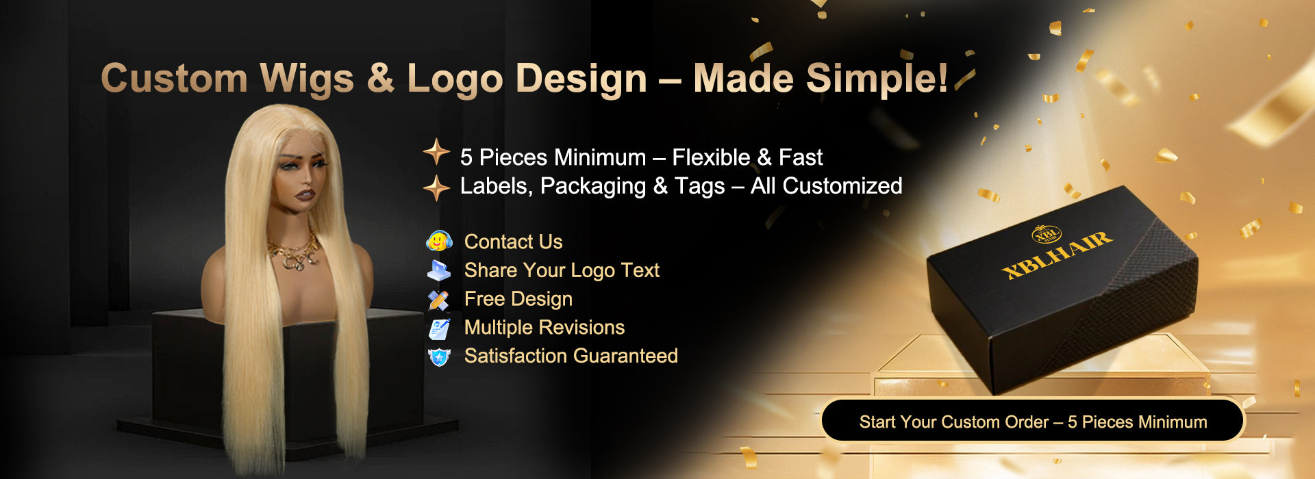 Promotional banner for custom wigs and logo design services with a blonde wig and branded box.