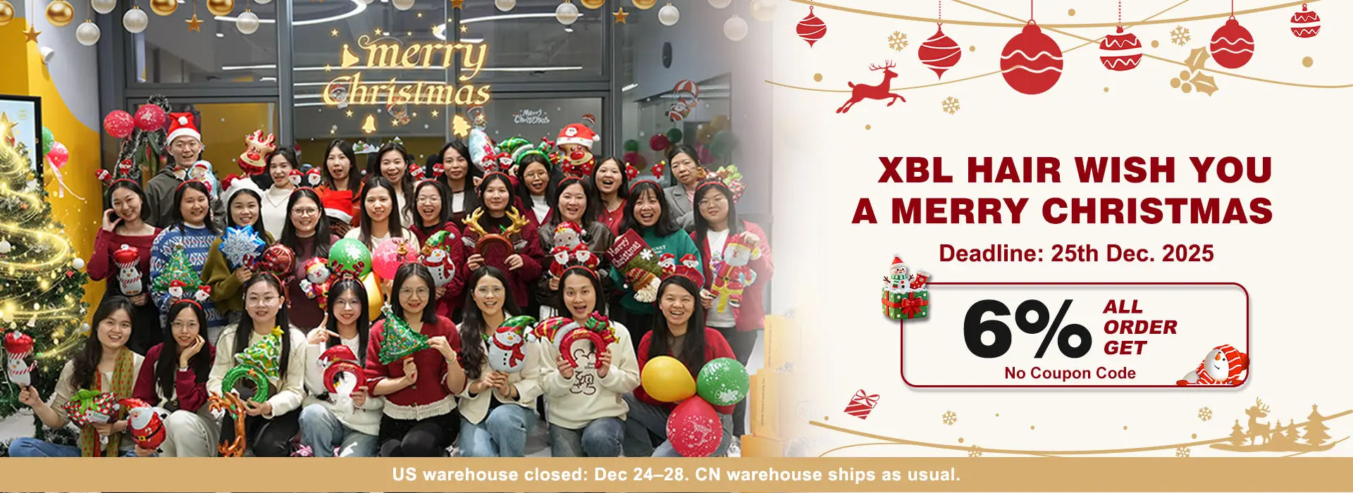 Group of people celebrating Christmas with festive decorations and a promotional banner for XBL Hair.