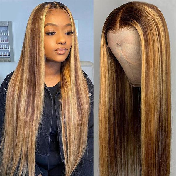 Mink Hair Highlight 4/27 Long Inch Lace Frontal Wigs Human Hair