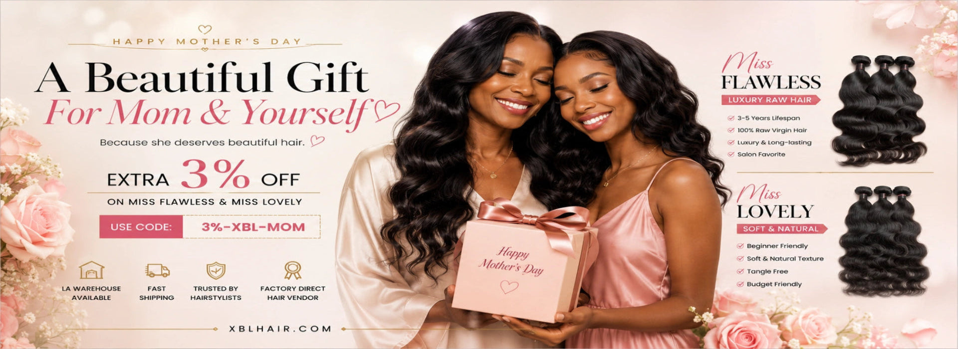 Advertisement for Mother's Day gift with two women holding a gift box and hair extensions.