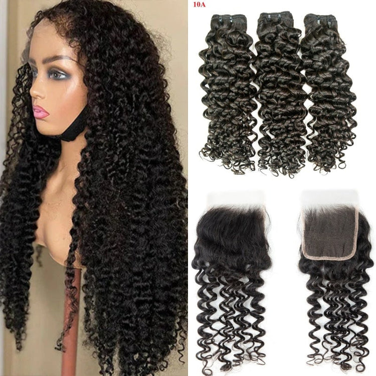 XBL Hair Jerry Curl Hair 3 Bundles with 4x4 Lace Closure Wet And Wavy
