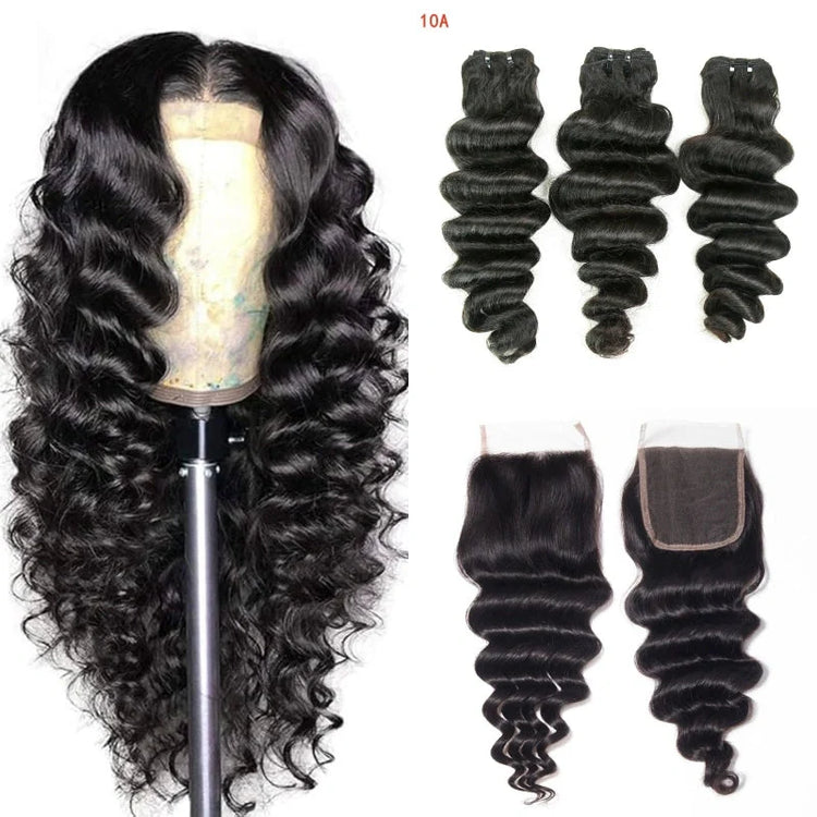 XBL Hair Loose Deep 3 Bundles with 4x4 Lace Closure Indian Human Hair