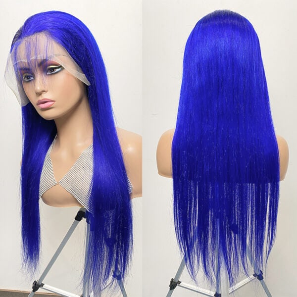 XBL Hair Miss Lovely Virgin Human Hair% Density blue color Straight Hair 13x4 Transparent Lace Front Wig