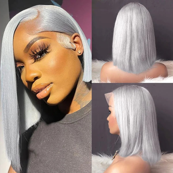 XBL Hair 13x6 Grey Straight Lace Front Bob Wigs Colored Human Hair Wigs Lace Frontal Wig
