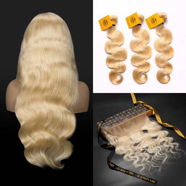 Cabello humano rubio ondulado XBL n.° 613, 13x6, frontal HD con 3 mechones 