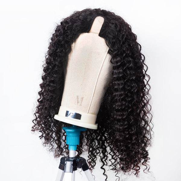 Peluca rizada de cabello humano XBL Hair con densidad de 250 % y parte en U, sin pegamento y muy completa.