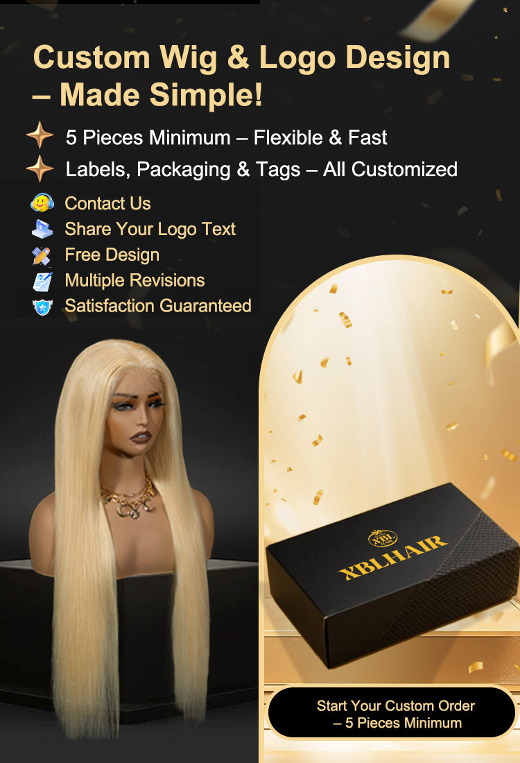 Blonde wig on a mannequin head with XBL hair packaging and branding.
