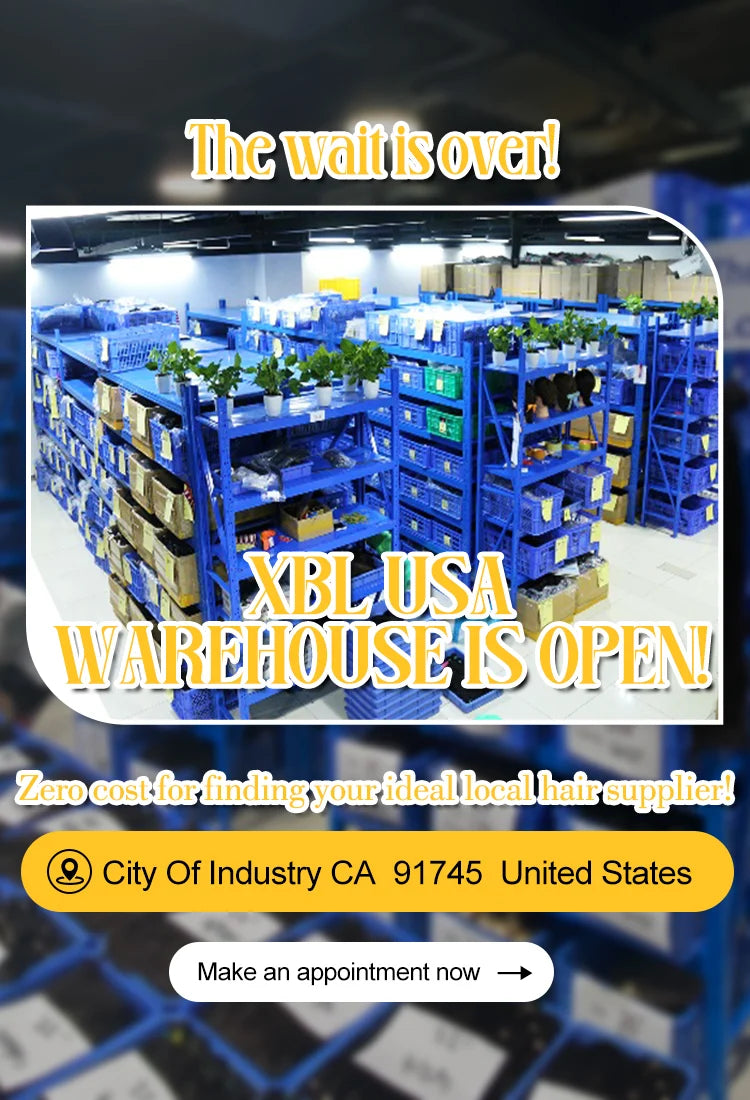Advertisement for XBL USA warehouse opening with blue shelves and boxes.