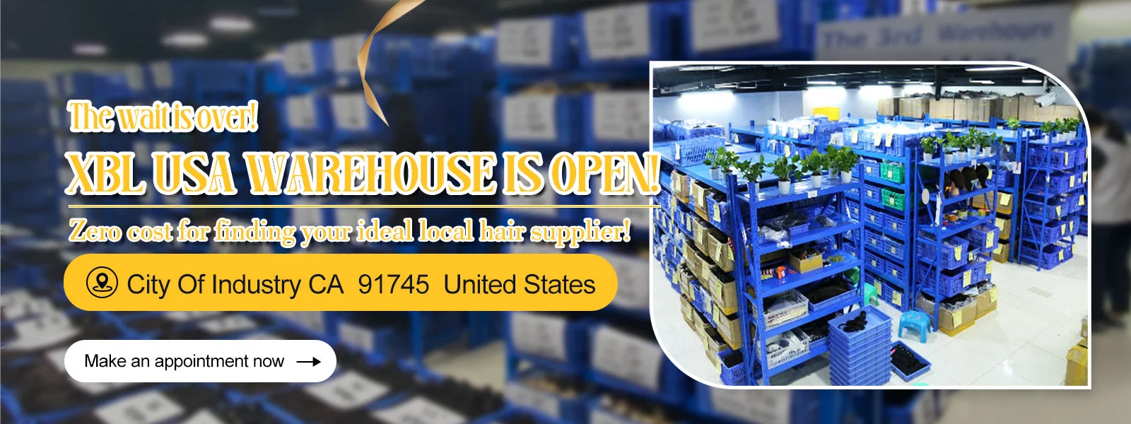 Advertisement for XBL USA Warehouse with warehouse interior and contact information.