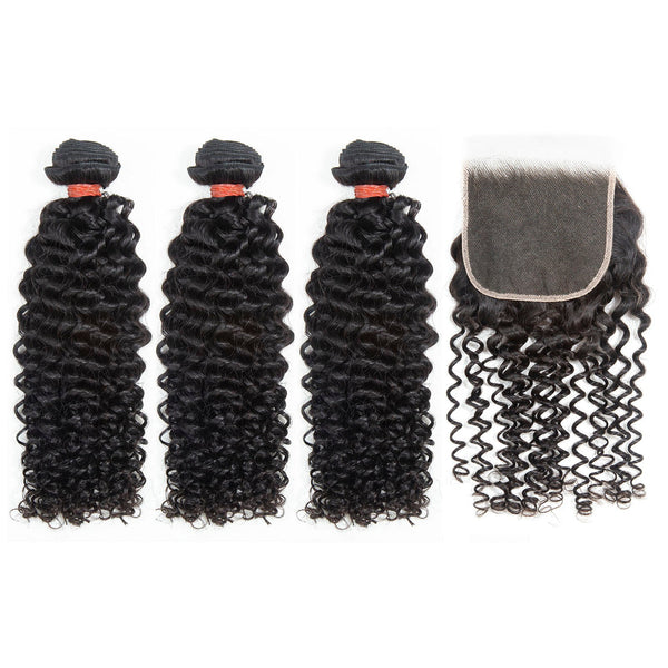 Paquetes rizados XBL Hair 9A/10A12A con cierre 5x5, cabello humano virgen, 3 paquetes con cierre 