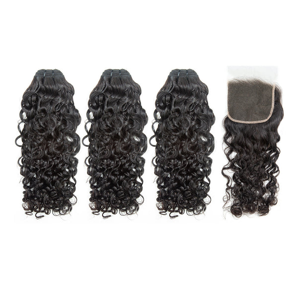 Extensiones de cabello humano brasileño XBL Hair 9A/10A12A con ondas al agua, 3 mechones, cierre 5x5 y nudos pequeños 