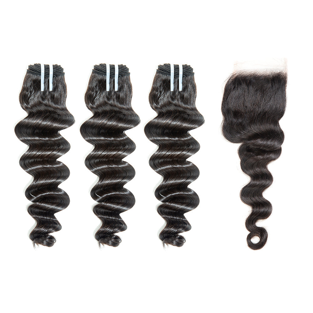 XBL Hair 9A/10A12A 5x5 Lace Closure with 3 Bundles Loose Deep Virgin Human Hair Bundles