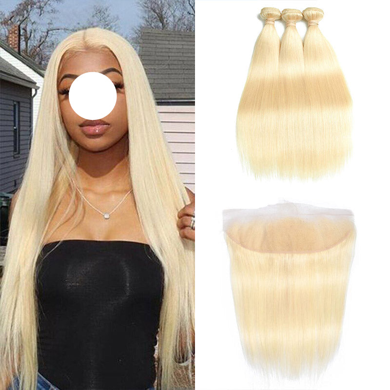 XBL Hair #613 Blonde Straight Human Hair 3 Bundles with 13x4 Frontal