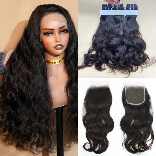 XBLhair Miss Attractive Natural Inborn Wavy Hair Extensions 3 Bundles with 5x5 HD Lace