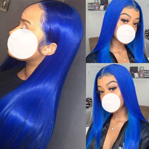 Virgin Human Hair 150% Density blue color Straight Hair 13*4 Lace Front Wigs