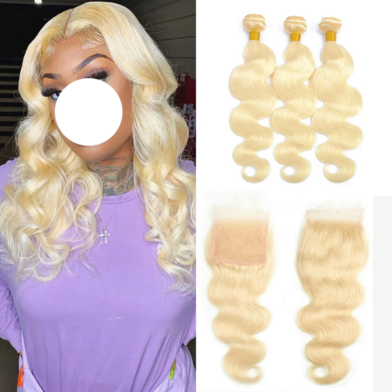 XBL Hair #613 Blonde Body Wave 3 Bundles with 4x4 Transparent Lace Closure