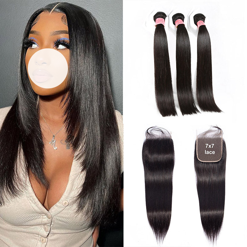 XBL Hair 9A/10A12A 7x7 HD Closure with 3 Straight Human Hair Bundles