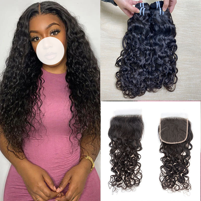 XBL Hair 9A/10A12A Water Wave 3 Bundles Human Hair Extensions With with 6x6 HD Closure