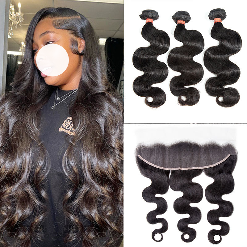 XBL Hair 9A/10A/12A Body Wave Human Hair 3 Bundles with 13x4 Lace Frontal