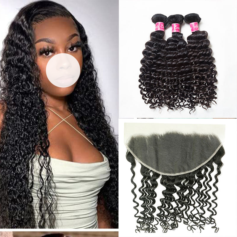 XBL Hair 9A/10A/12A Deep Wave 3 Bundles with 13x6 Frontal with Preplucked Hairline
