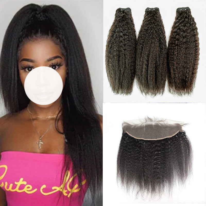 XBL Hair 9A/10A/12A Kinky Straight Human Hair 3 Bundles with 13x4 Lace Frontal