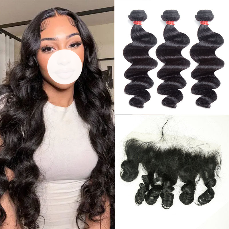 XBL Hair 9A/10A/12A Loose Wave Human Hair 3 Bundles with 13x4 Lace Frontal