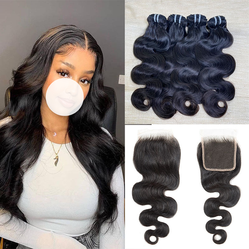 XBL Hair Body Wave Human Hair 3 Bundles With 4x4 Lace Closure