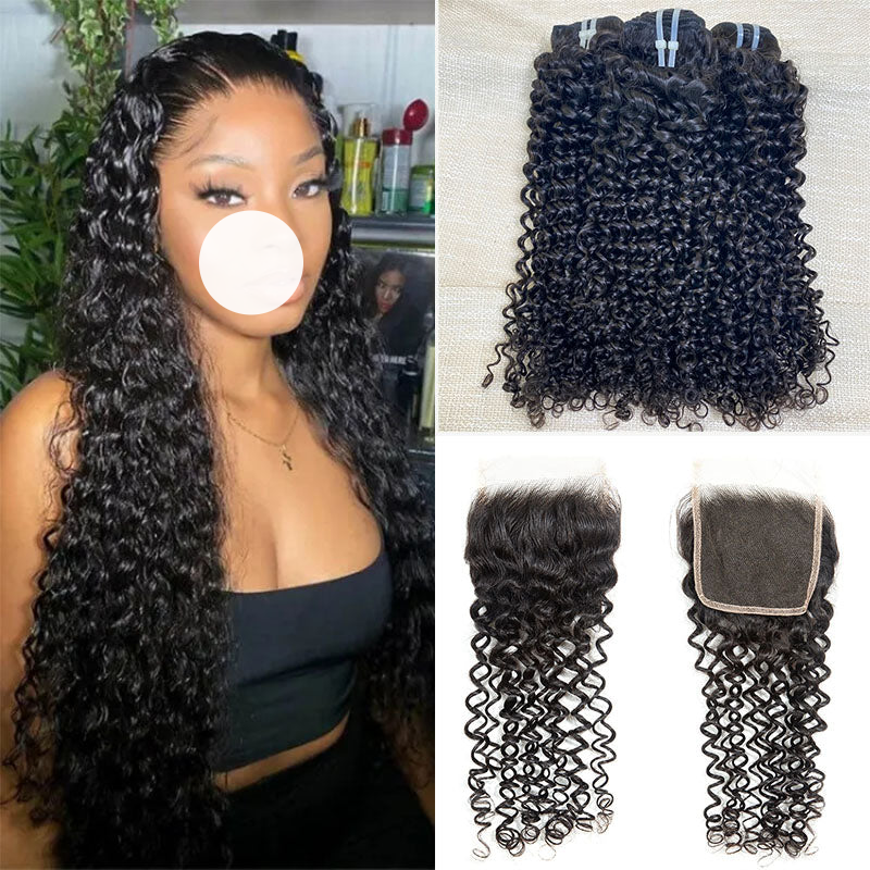 XBL Hair Curly Hair 100% Human Hair 3 Bundles With 4x4 Lace Closure