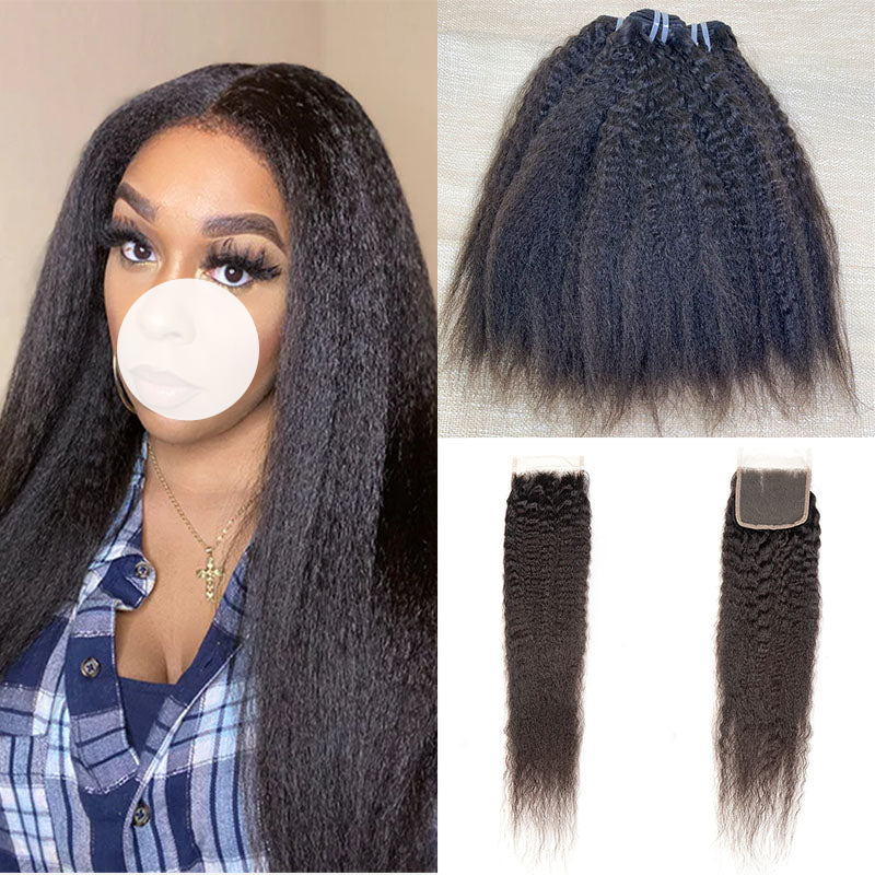 XBL Hair Kinky Straight Human Hair 3 Bundles with 4x4 Lace Closure