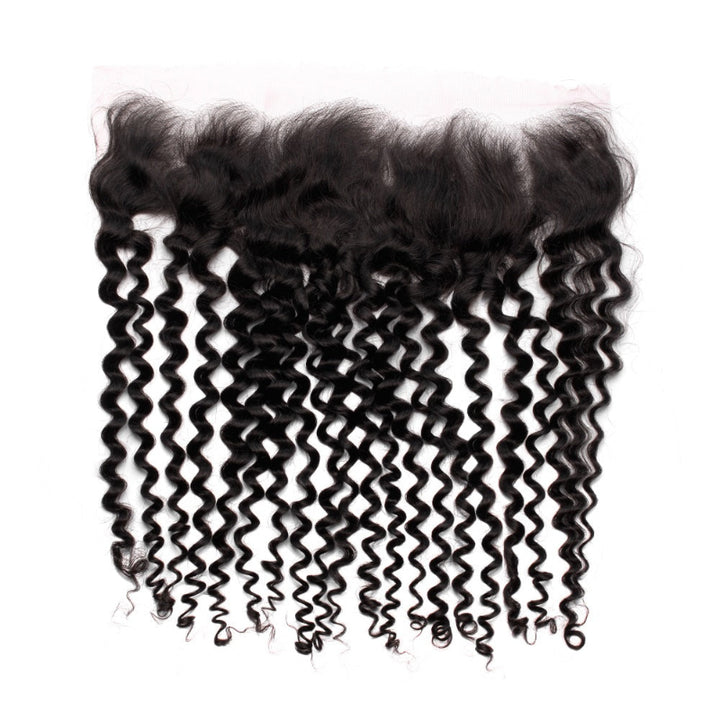A lace frontal hair extension with curly texture and small knots, predominantly black in color.