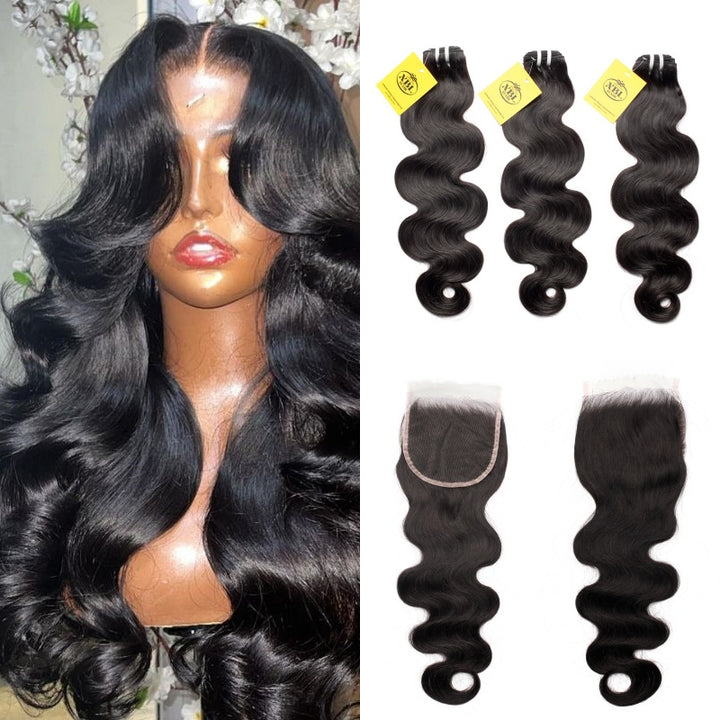 Set of hair extensions including a wig and three bundles with a closure on a neutral background.