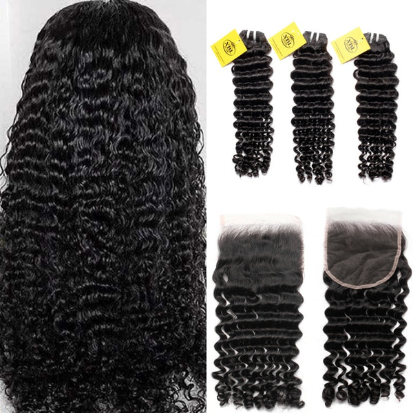 Cabello humano XBL con ondas profundas, 3 paquetes con cierre de encaje 4x4 