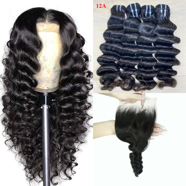 Cabello humano indio XBL, 3 mechones sueltos y profundos con cierre de encaje 4x4 