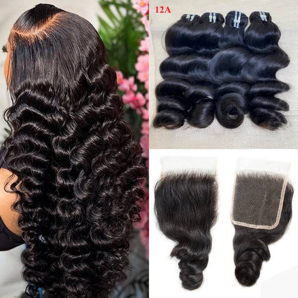 Cabello humano ondulado suelto XBL Hair, 3 mechones con cierre de encaje 4x4 