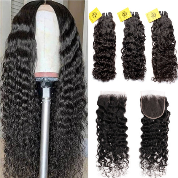 XBL Hair Water Wave Bundles with 4x4 Lace Closure Indian Human Hair Free Part