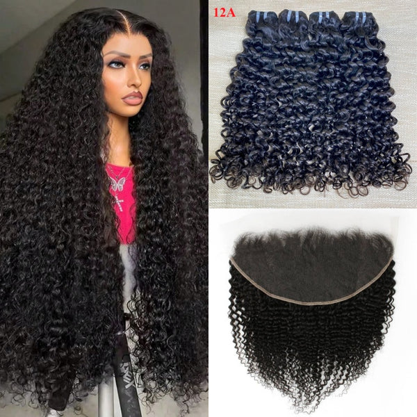 3 paquetes de cabello rizado Jerry de 9A/10A/12A con frontal de 13x6 