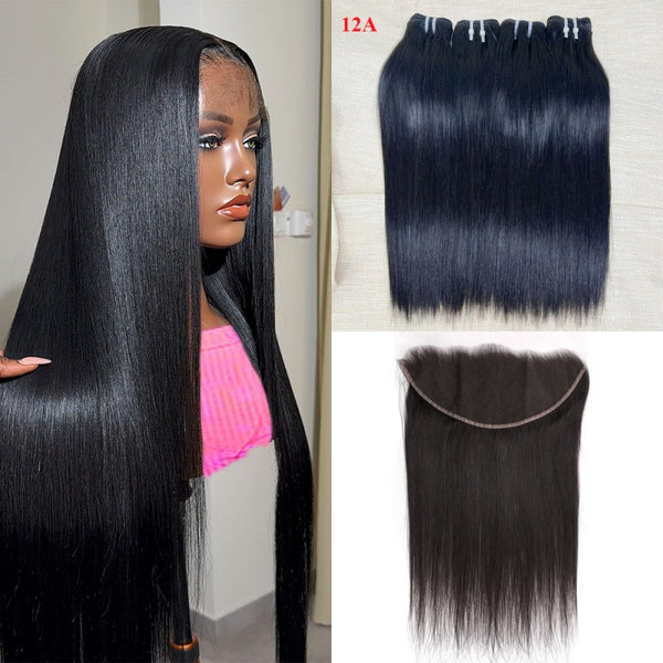 Extensiones de cabello liso XBL 9A/10A/12A, 3 mechones, frontal de 13x6 y línea de cabello prearrancada 