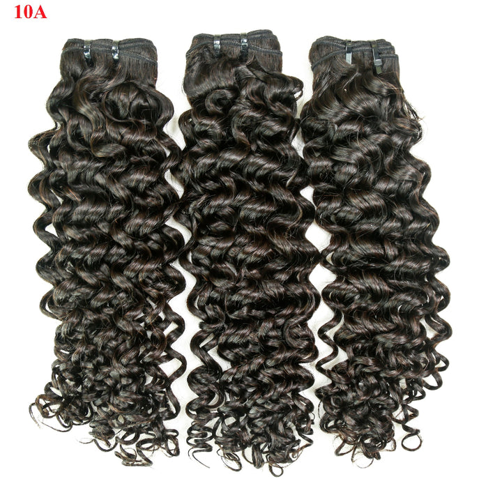 Three bundles of jerry curly hair extensions on a white background
