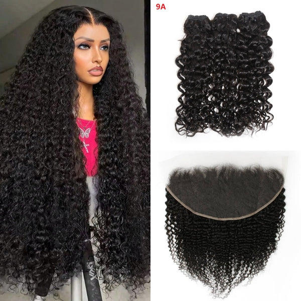 Cabello humano rizado Jerry de XBL Hair 9A/10A/12A, 3 mechones con frontal de encaje de 13x4 