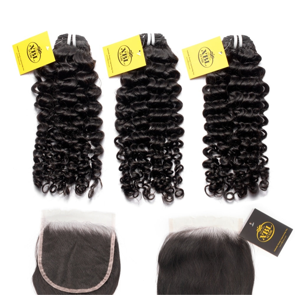 XBL Hair 9A/10A12A Jerry Curl 6x6 HD Closure With 3 Hair Bundles