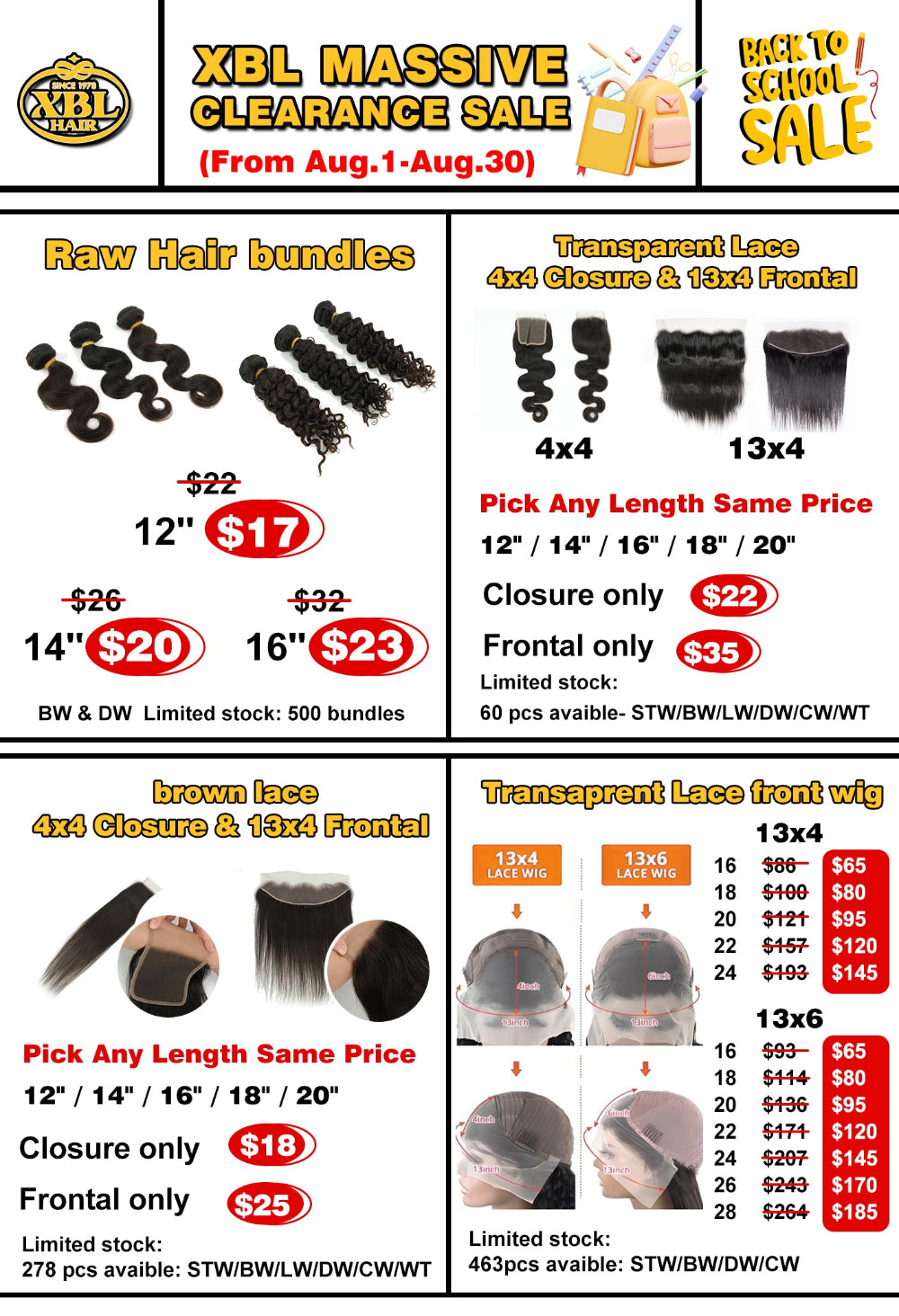 Promotional flyer for XBL Massive Clearance Sale with hair bundles and wigs on a white background.