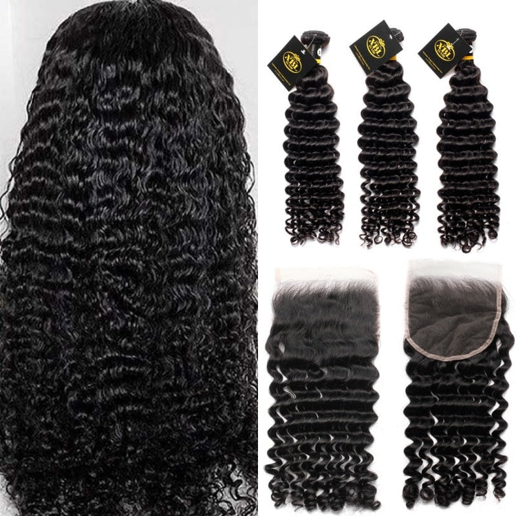 XBL Hair Deep Wave Hair 3 Bundles with 4x4 Lace Closure Human Hair