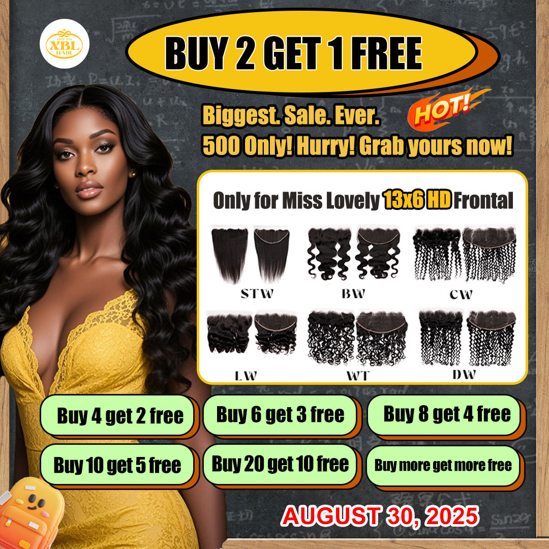 Promotional advertisement for hair extensions with a woman in a yellow dress and text offering buy 2 get 1 free deals.