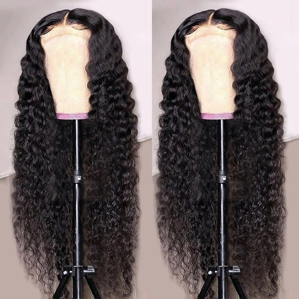 Two views of a deep wave pattern wig on a mannequin head, showcasing the hair lace closure.