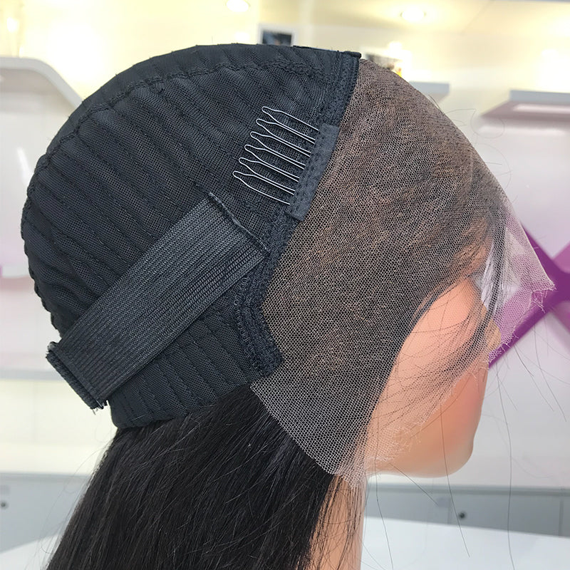 Peluca frontal completa HD de 13x4 con nudos blanqueados y ondas de piña con línea de cabello prearrancada 
