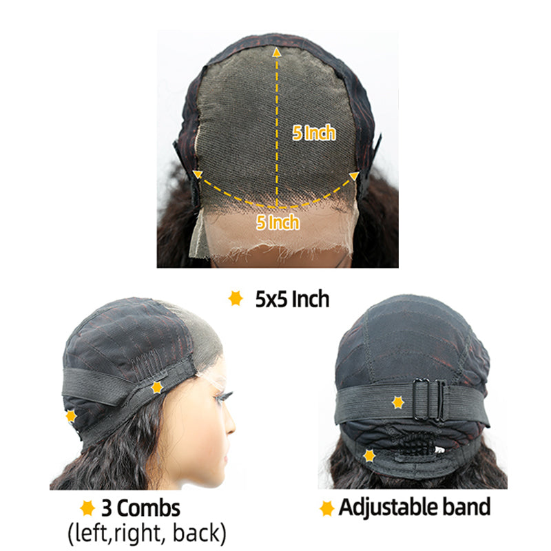 Peluca de onda corporal sin pegamento, lista para usar, 5x5 HD Cloure, con pequeños nudos y línea del cabello pre-arrancada 