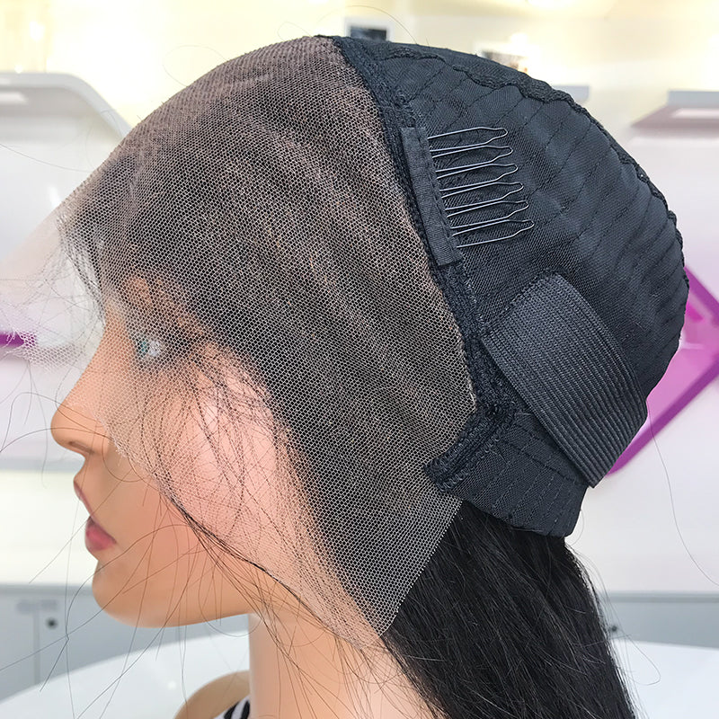 Peluca frontal completa HD de 13x4 con nudos blanqueados y ondas de piña con línea de cabello prearrancada 