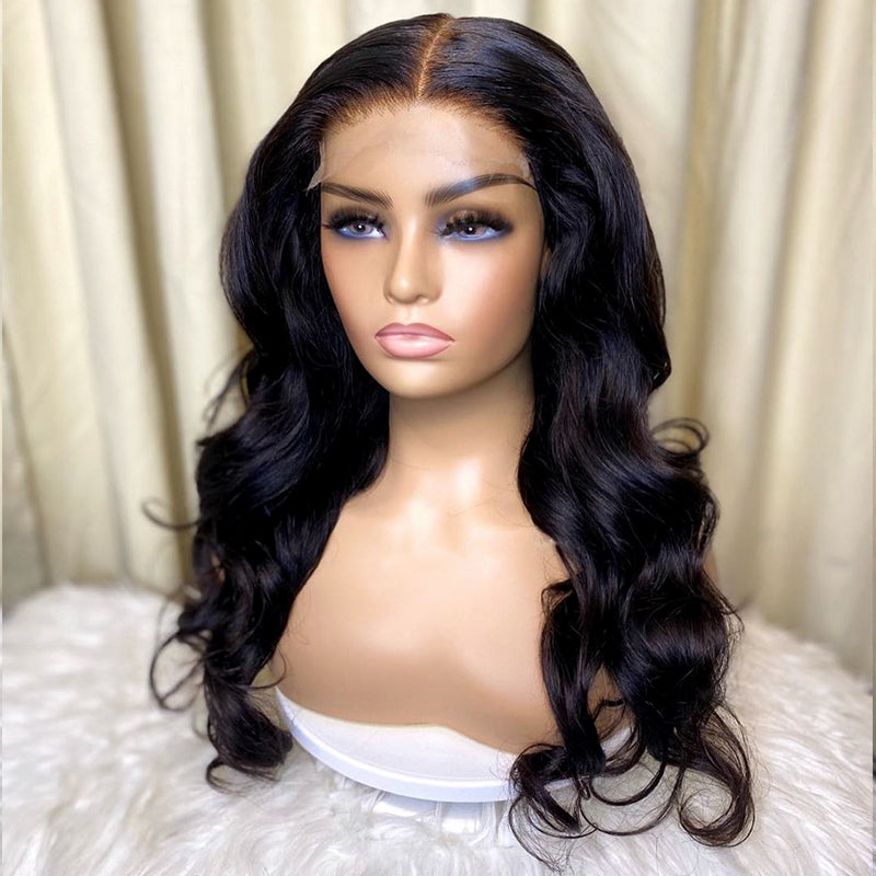 Peluca de onda corporal sin pegamento, lista para usar, 5x5 HD Cloure, con pequeños nudos y línea del cabello pre-arrancada 