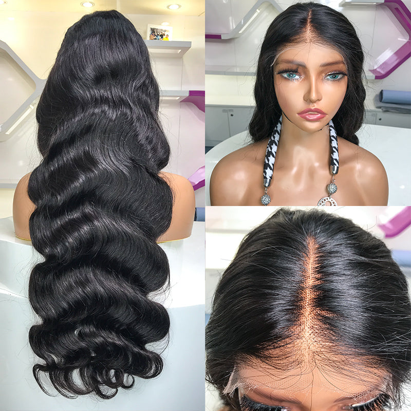 Perruque Body Wave sans colle avec fermeture HD 5x5 et nœuds décolorés 