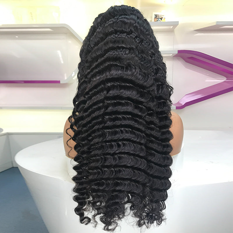 Peluca frontal completa HD de 13x4 con nudos blanqueados y ondas de piña con línea de cabello prearrancada 